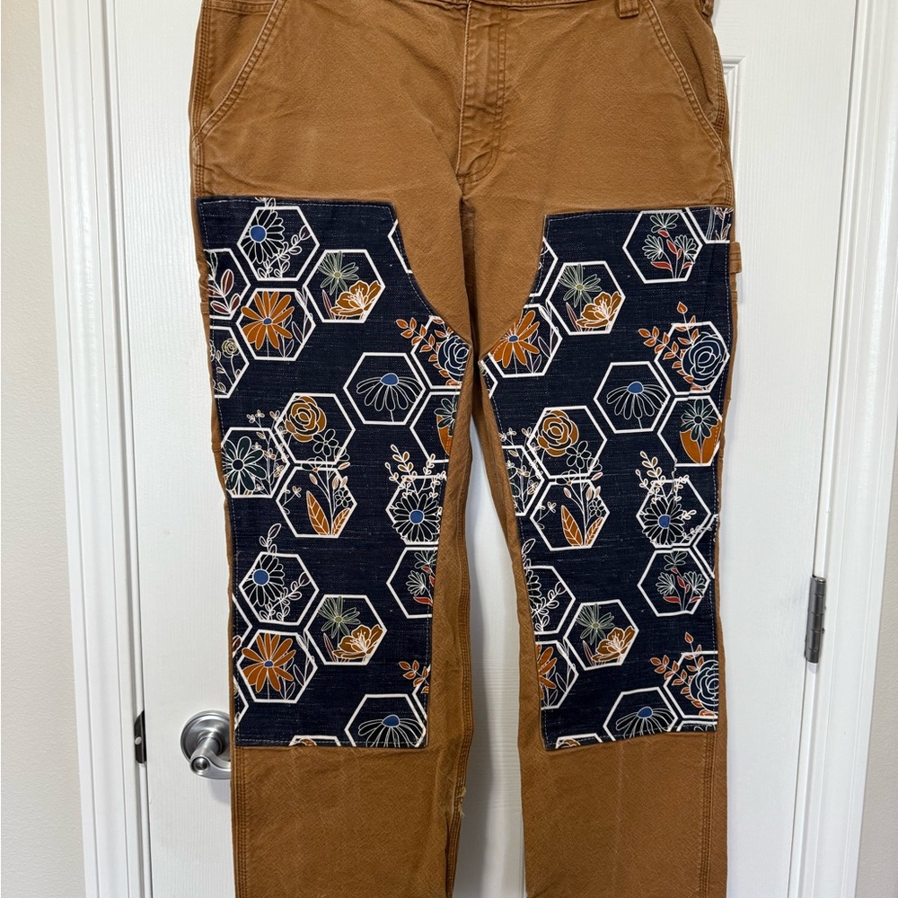Carhartt Cargo Pants with Handcrafted Navy Floral Accents 38